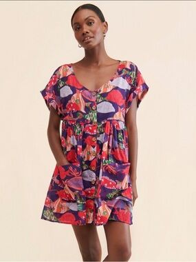 Free People Oceana fish print Mini Dress - Purple & Red oversized XS